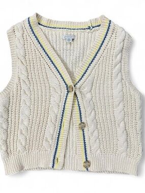 American Eagle Cream Knit Sweater Vest Blue Yellow Stripes Size M